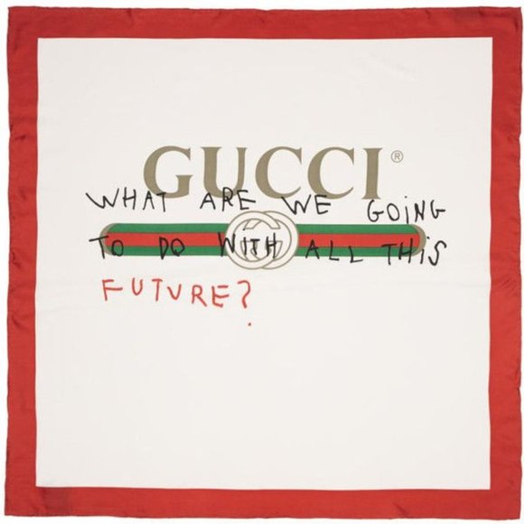 Gucci White and Red Silk Future Logo Scarf